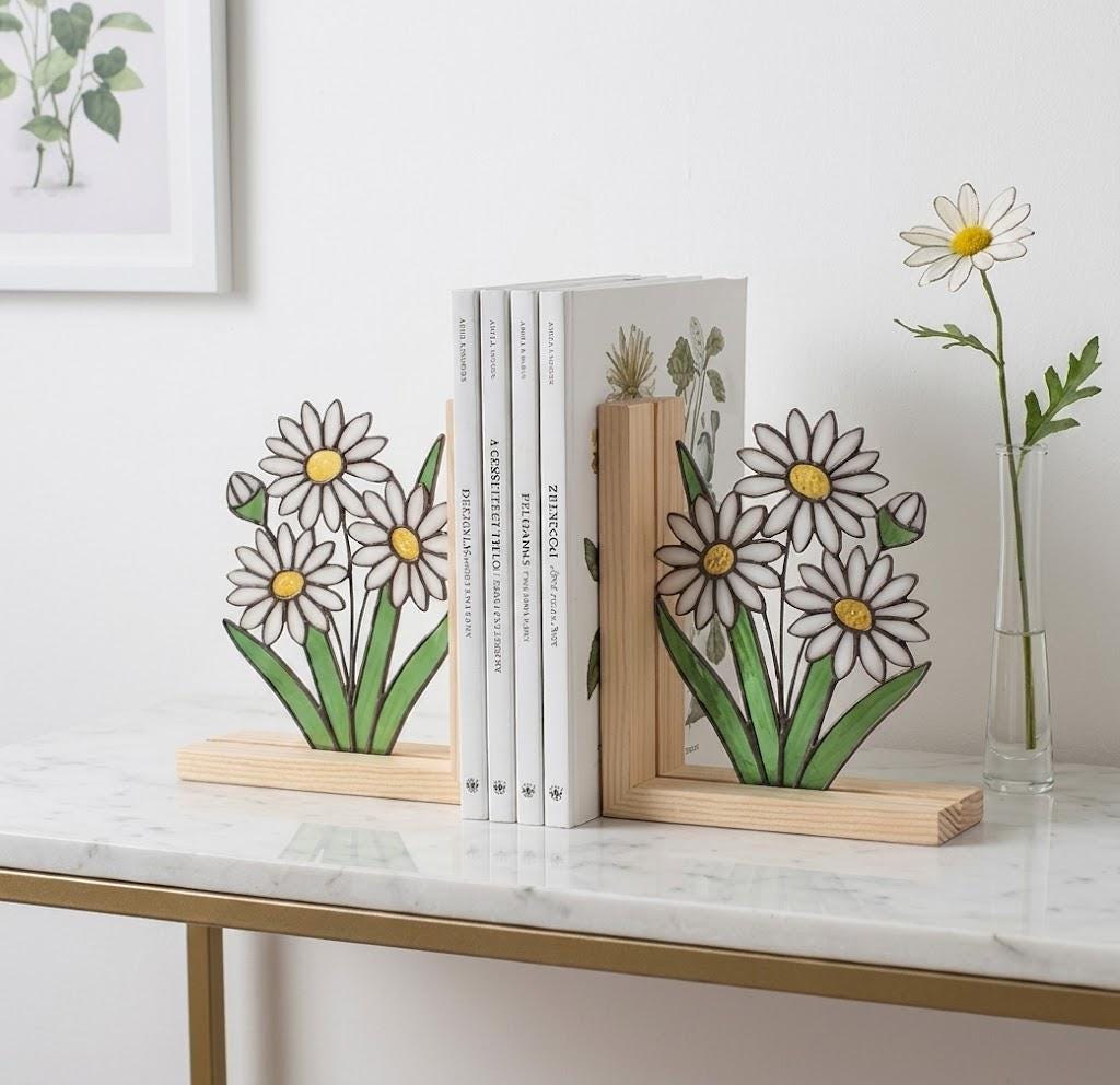 Personalized Daisy Stained Glass Bookends April Birth Flower Gift White Flower Suncatcher, Unique Teacher Gift, Nursery Bookshelf Decor
