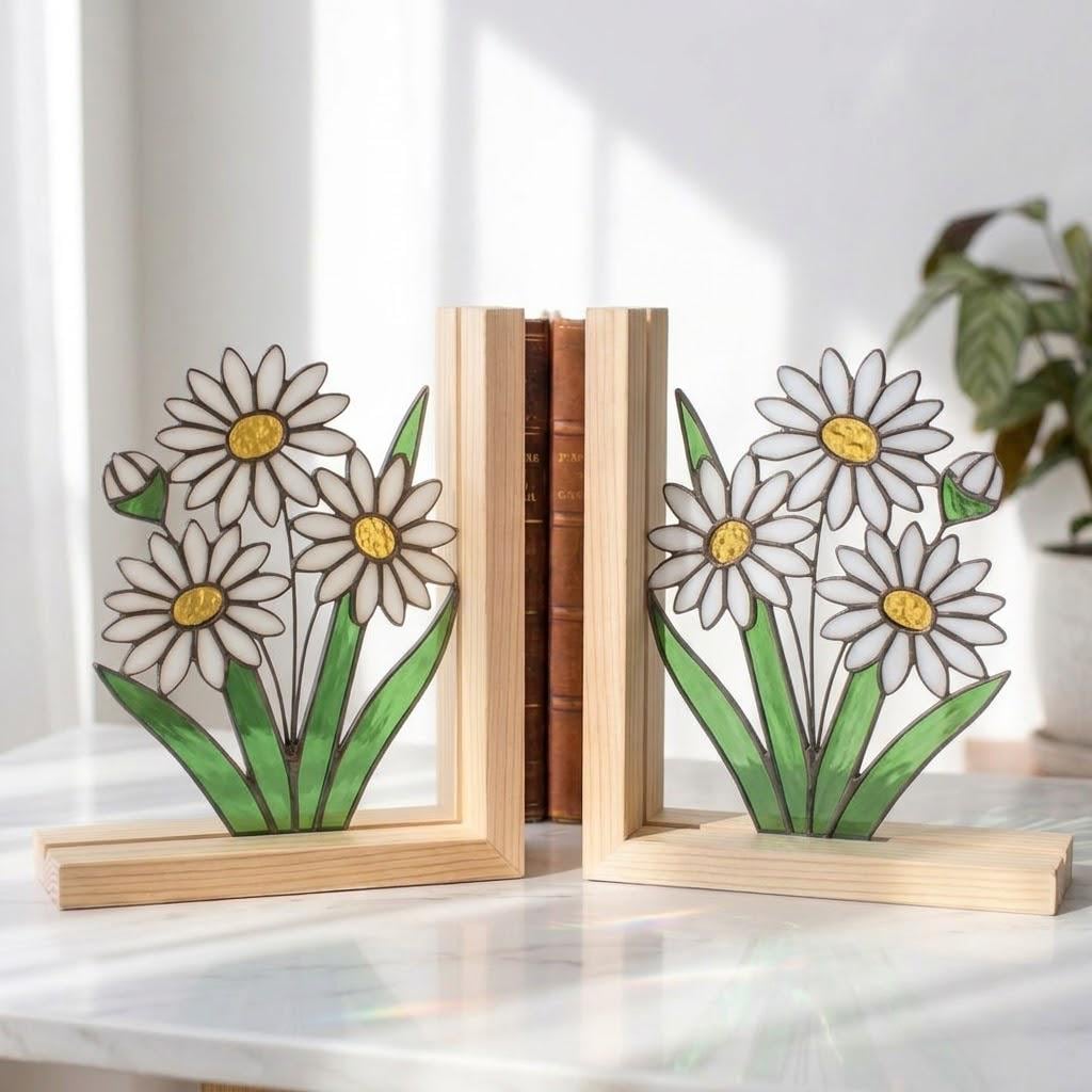 Personalized Daisy Stained Glass Bookends April Birth Flower Gift White Flower Suncatcher, Unique Teacher Gift, Nursery Bookshelf Decor