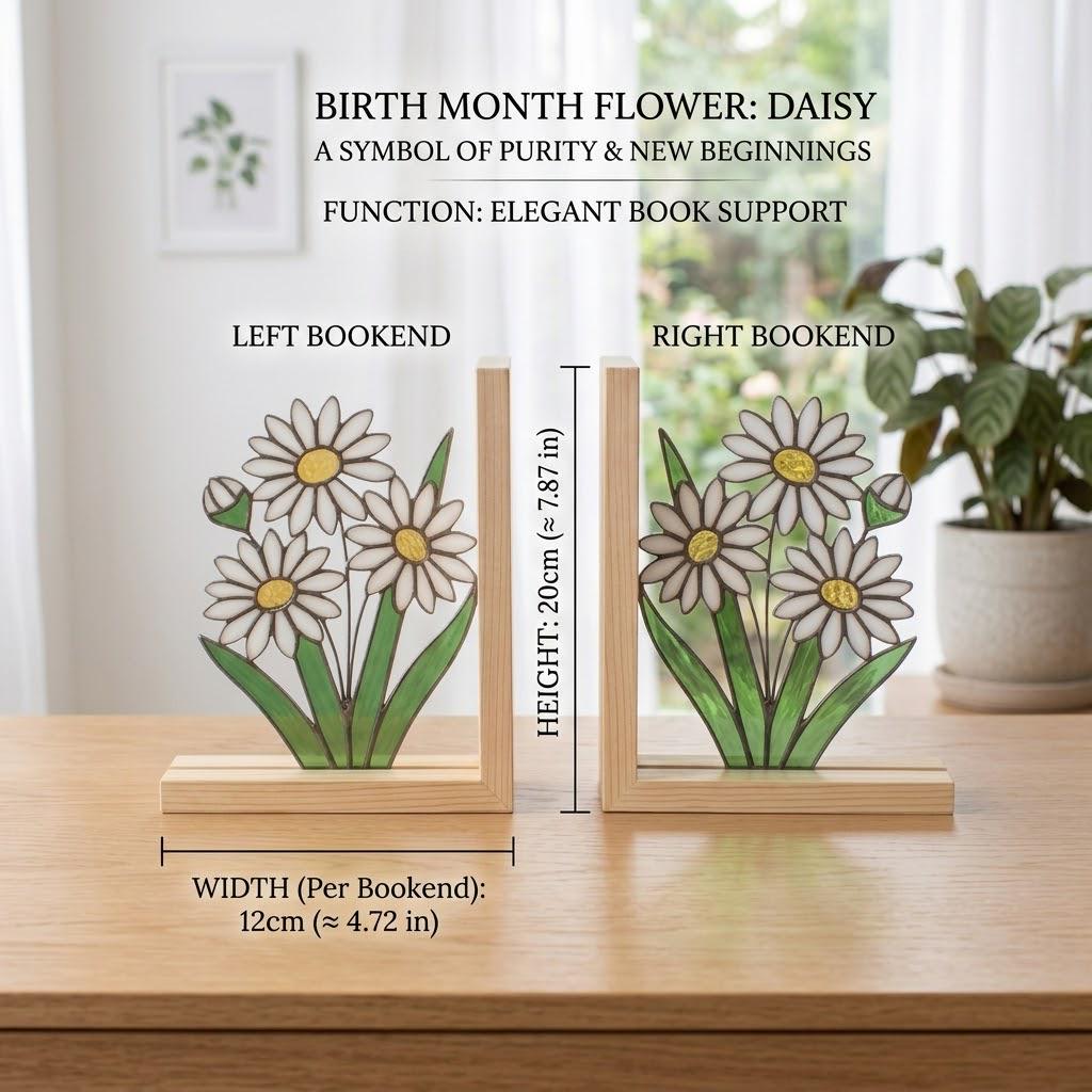 Personalized Daisy Stained Glass Bookends April Birth Flower Gift White Flower Suncatcher, Unique Teacher Gift, Nursery Bookshelf Decor