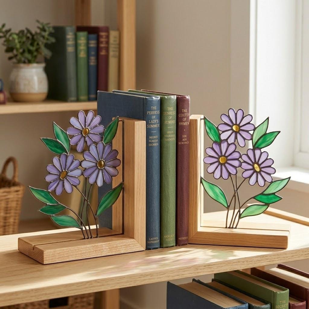 Personalized Purple Aster Stained Glass Bookends September Birth Flower Gift Purple Flower Suncatcher, Unique Teacher Gift, Library Decor