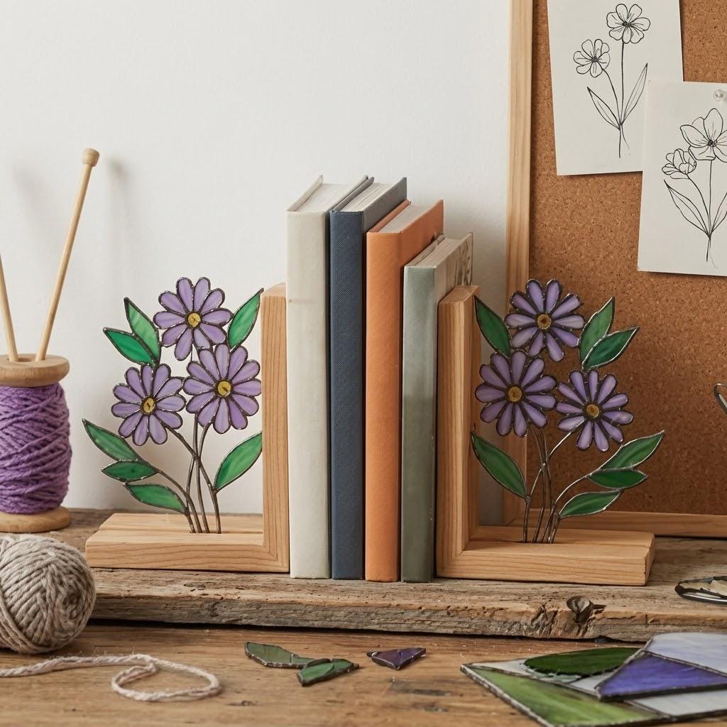 Personalized Purple Aster Stained Glass Bookends September Birth Flower Gift Purple Flower Suncatcher, Unique Teacher Gift, Library Decor
