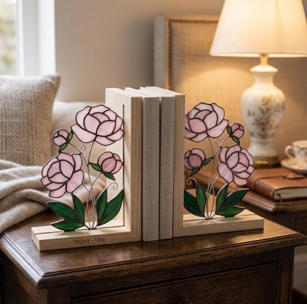 Personalized Peony Stained Glass Bookends | May Birth Flower Gift | Pink Floral Suncatcher, Unique Wedding Gift, Luxury Home Office Decor