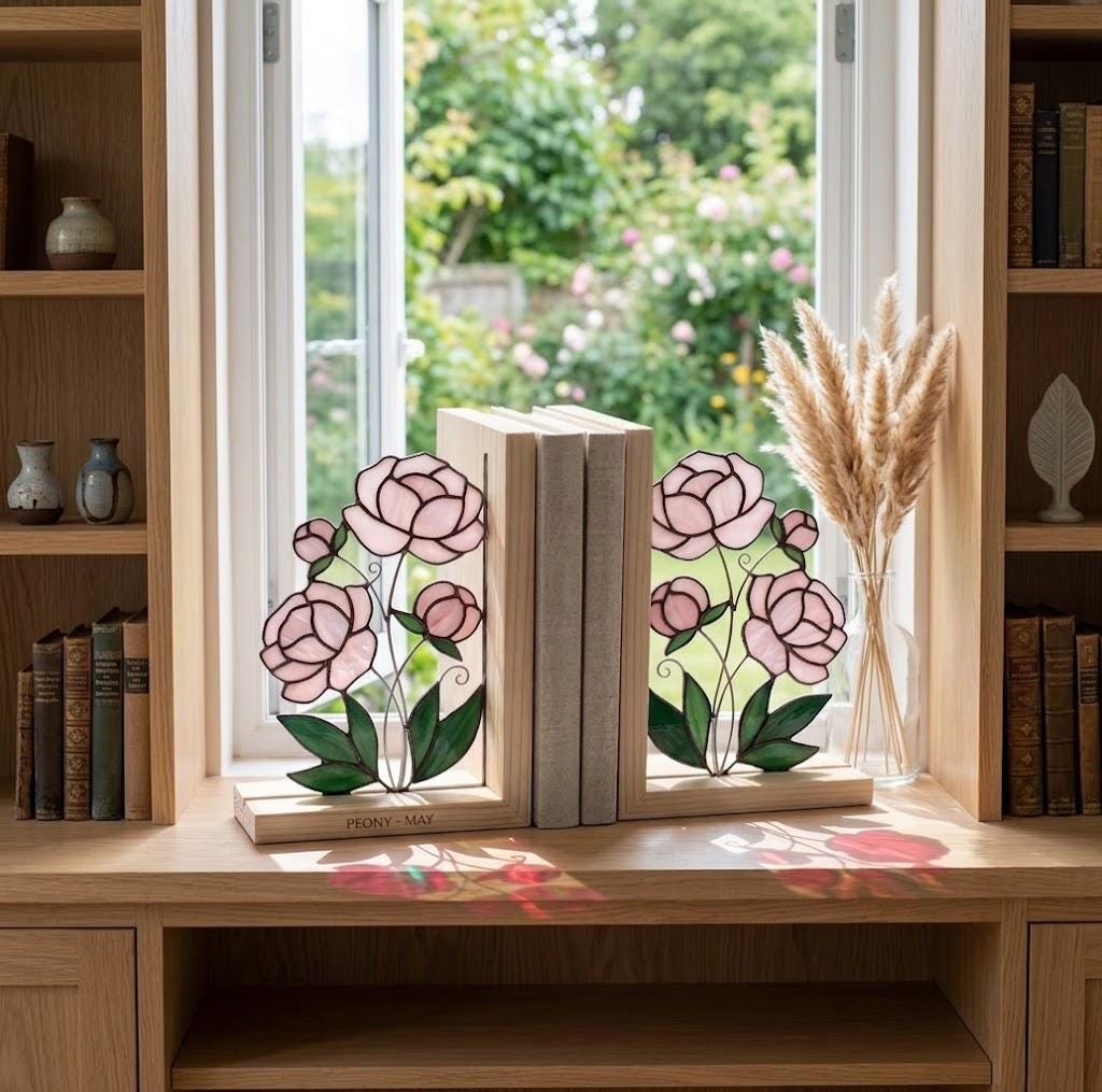 Personalized Peony Stained Glass Bookends | May Birth Flower Gift | Pink Floral Suncatcher, Unique Wedding Gift, Luxury Home Office Decor