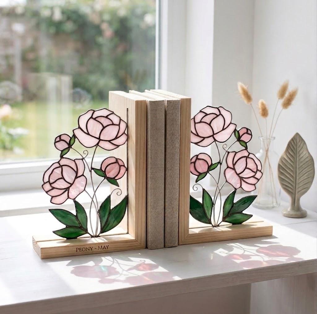 Personalized Peony Stained Glass Bookends | May Birth Flower Gift | Pink Floral Suncatcher, Unique Wedding Gift, Luxury Home Office Decor