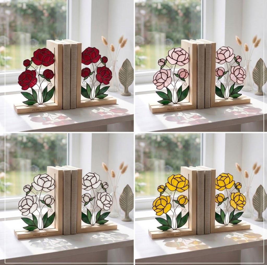 Personalized Peony Stained Glass Bookends | May Birth Flower Gift | Pink Floral Suncatcher, Unique Wedding Gift, Luxury Home Office Decor