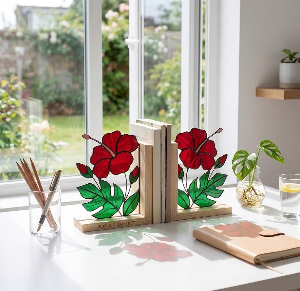 Personalized Hibiscus Stained Glass Bookends August Birth Flower Gift Red Tropical Suncatcher, Unique Teacher Gift, Beach House Decor
