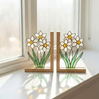 Personalized Daffodil Stained Glass Bookends March Birth Flower Gift White Yellow Floral Suncatcher, Unique New Home Gift, Library Decor