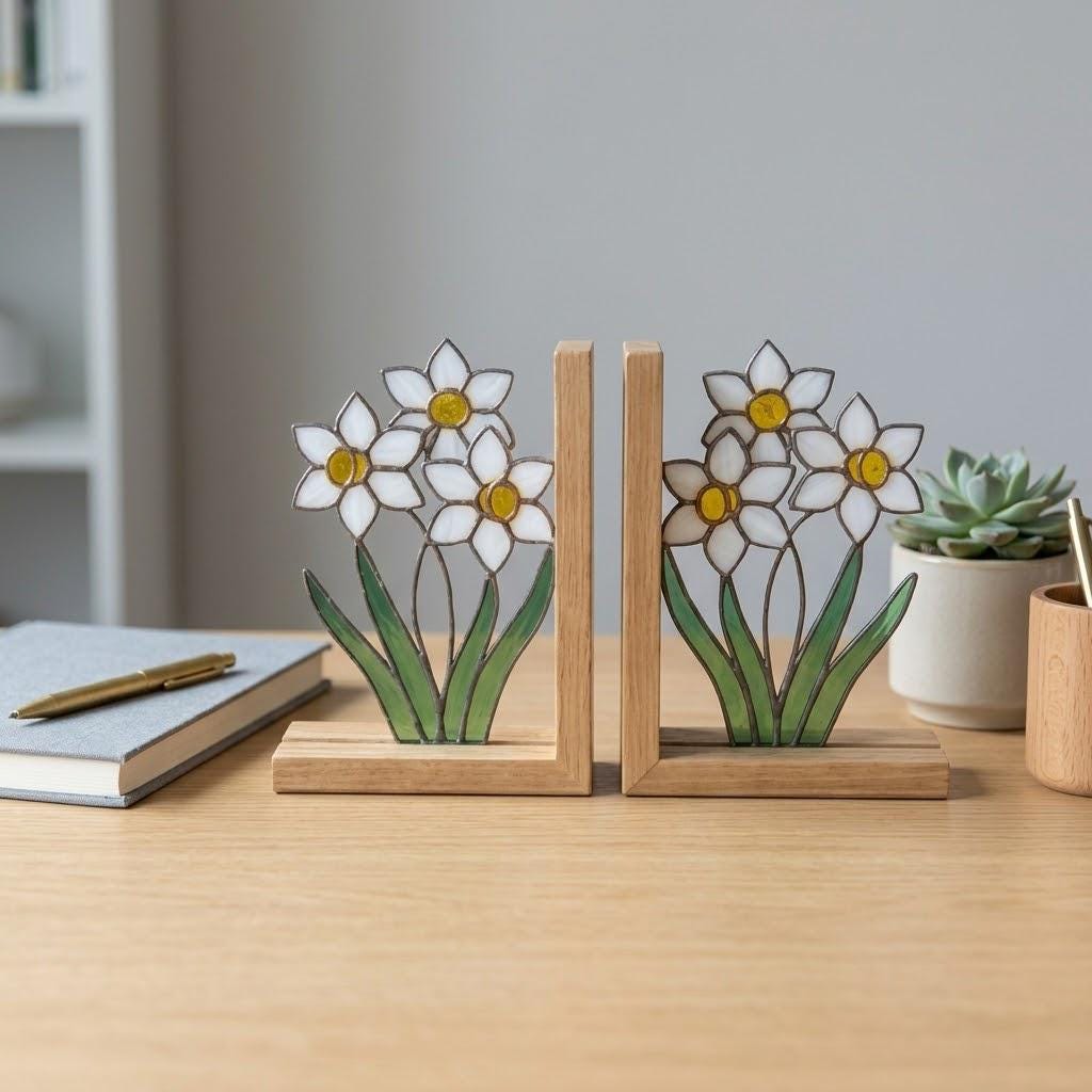 Personalized Daffodil Stained Glass Bookends March Birth Flower Gift White Yellow Floral Suncatcher, Unique New Home Gift, Library Decor