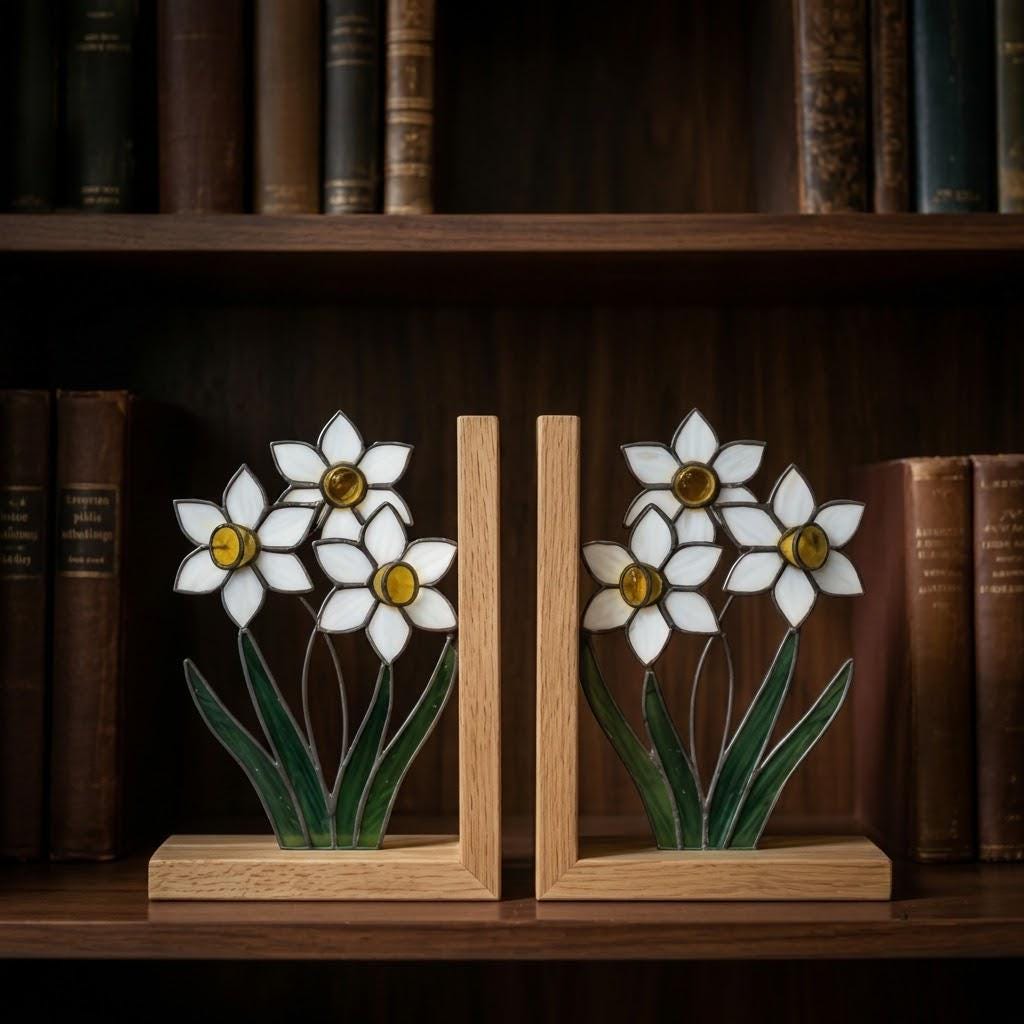 Personalized Daffodil Stained Glass Bookends March Birth Flower Gift White Yellow Floral Suncatcher, Unique New Home Gift, Library Decor