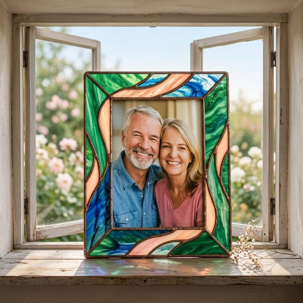 Stained Glass Photo Frame - Custom Mother's Day Gift - Tiffany Glass Art - Anniversary Gift for Wife - Boho Home Decor