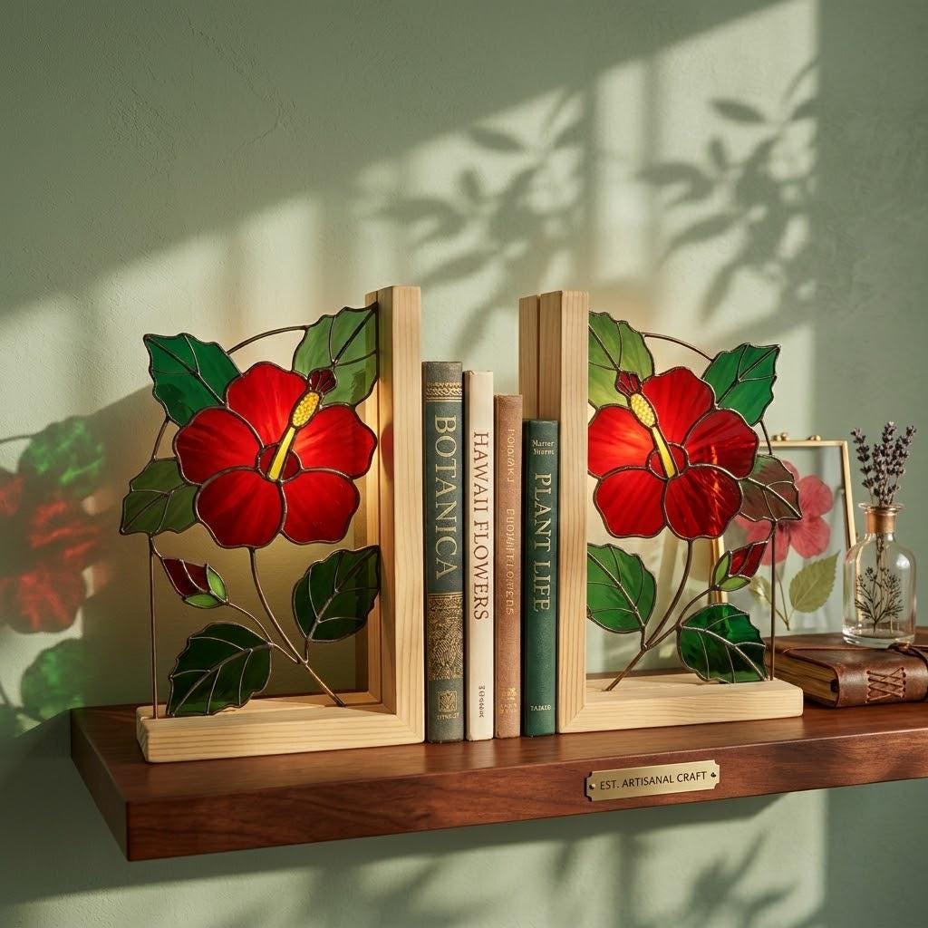 Handmade Hibiscus Stained Glass Bookends, Red Floral Bookshelf Decor, August Birth Flower Gift, Botanical Art for Book Lovers