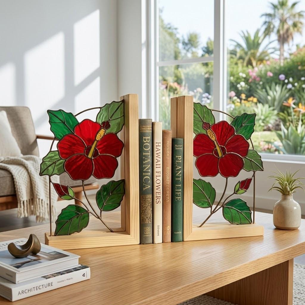 Handmade Hibiscus Stained Glass Bookends, Red Floral Bookshelf Decor, August Birth Flower Gift, Botanical Art for Book Lovers