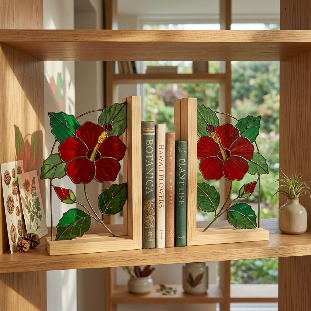 Handmade Hibiscus Stained Glass Bookends, Red Floral Bookshelf Decor, August Birth Flower Gift, Botanical Art for Book Lovers