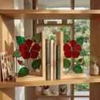 Handmade Hibiscus Stained Glass Bookends, Red Floral Bookshelf Decor, August Birth Flower Gift, Botanical Art for Book Lovers