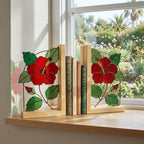 Handmade Hibiscus Stained Glass Bookends, Red Floral Bookshelf Decor, August Birth Flower Gift, Botanical Art for Book Lovers