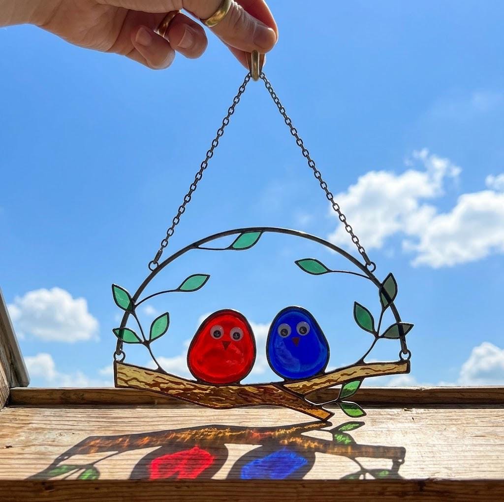 Stained Glass Bird Suncatcher Family of Birds Window Hanging Mother's Day Gift for Mom Sunroom Decor Housewarming Gift