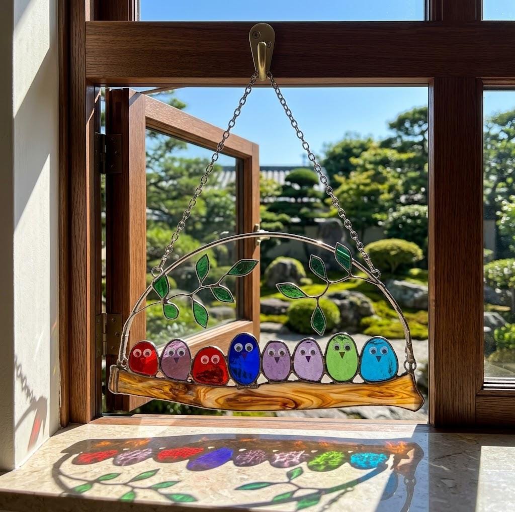 Stained Glass Bird Suncatcher Family of Birds Window Hanging Mother's Day Gift for Mom Sunroom Decor Housewarming Gift