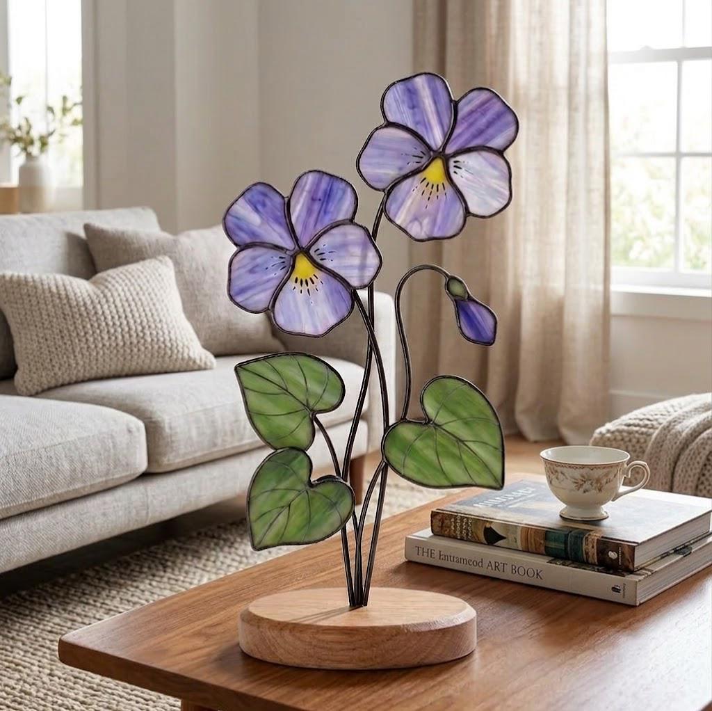 Violet Stained Glass Flower February Birth Month Gift Mother's Day Gift for Mom 2D Floral Desk Decor Unique Birthday Gift for Her