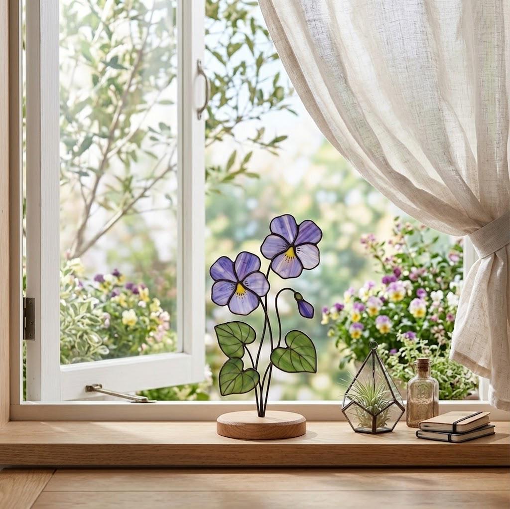 Violet Stained Glass Flower February Birth Month Gift Mother's Day Gift for Mom 2D Floral Desk Decor Unique Birthday Gift for Her