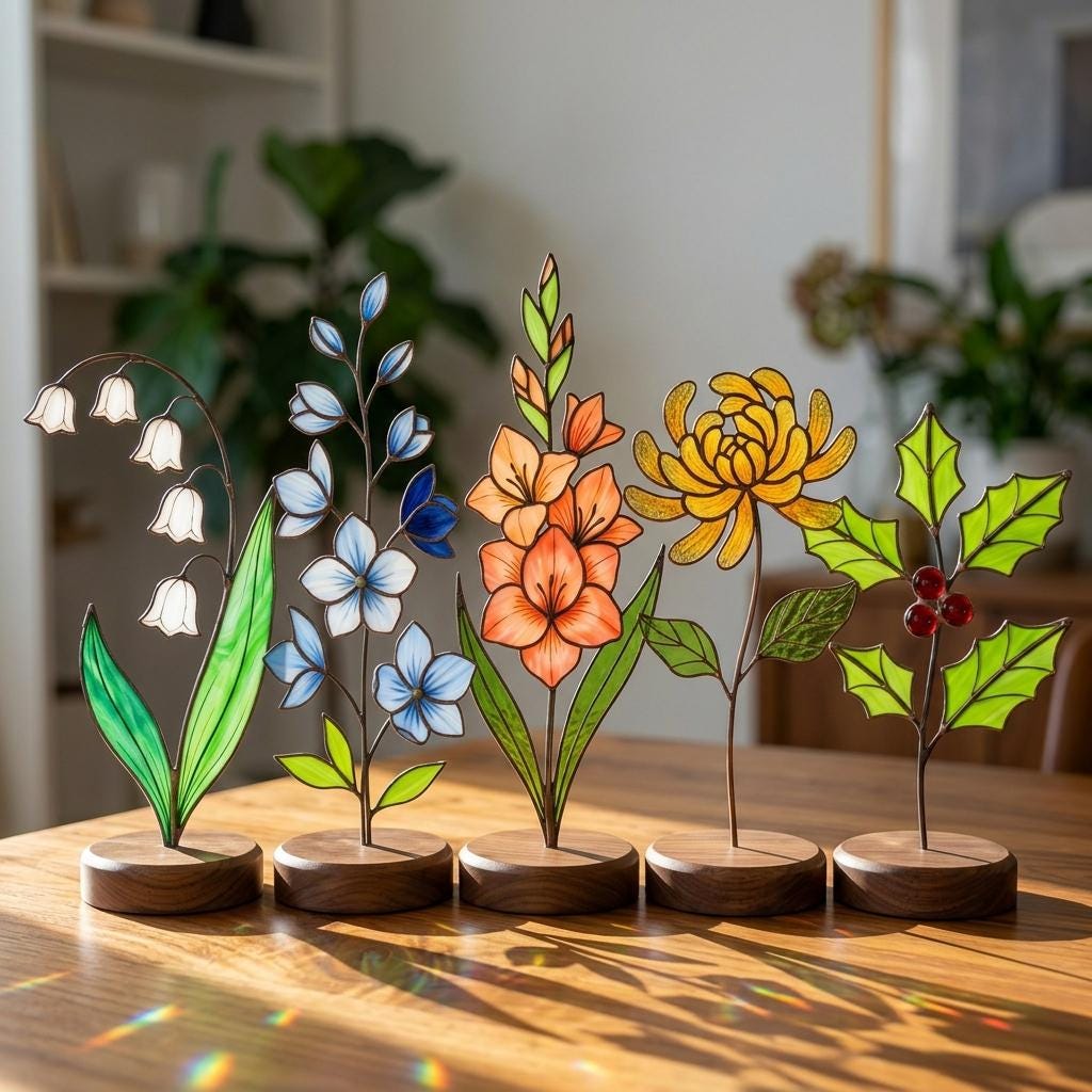 Custom Birth Month Flower, Stained Glass Decor with Wood Base, Personalized Gift for Her, Mothers Day Glass Art, Engraved Name Keepsake