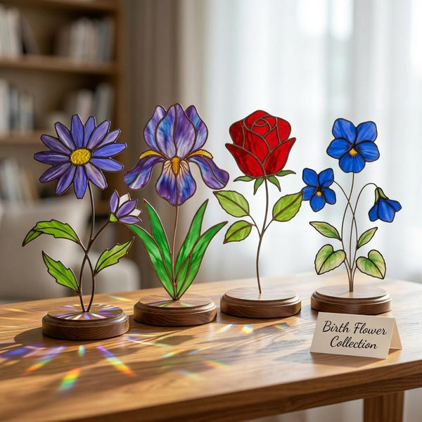 Custom Birth Month Flower, Stained Glass Decor with Wood Base, Personalized Gift for Her, Mothers Day Glass Art, Engraved Name Keepsake