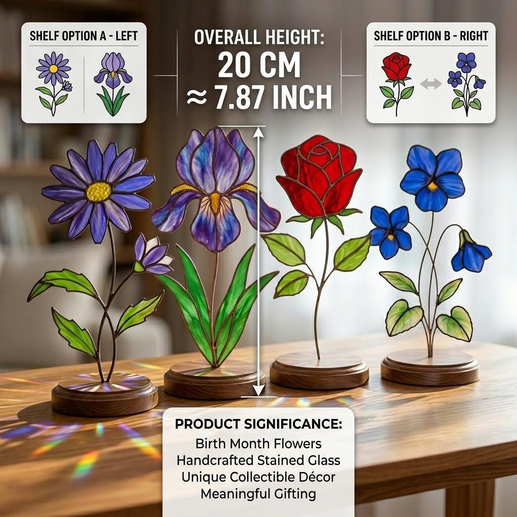 Custom Birth Month Flower, Stained Glass Decor with Wood Base, Personalized Gift for Her, Mothers Day Glass Art, Engraved Name Keepsake