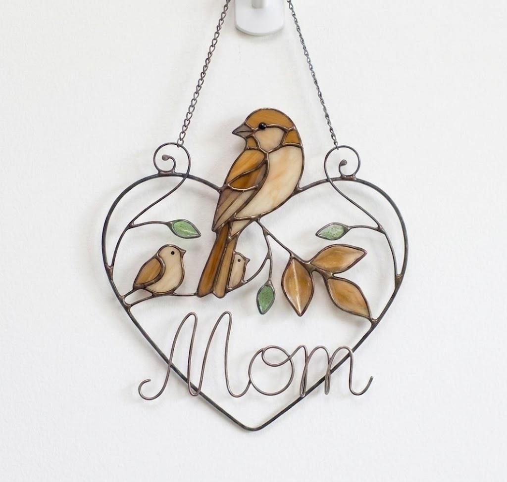 Stained glass cardinal mother and baby bird suncatcher in a heart frame with the word Mom, handmade window hanging gift.