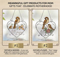 Stained glass cardinal mother and baby bird suncatcher in a heart frame with the word Mom, handmade window hanging gift.