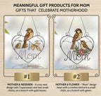 Stained glass cardinal mother and baby bird suncatcher in a heart frame with the word Mom, handmade window hanging gift.