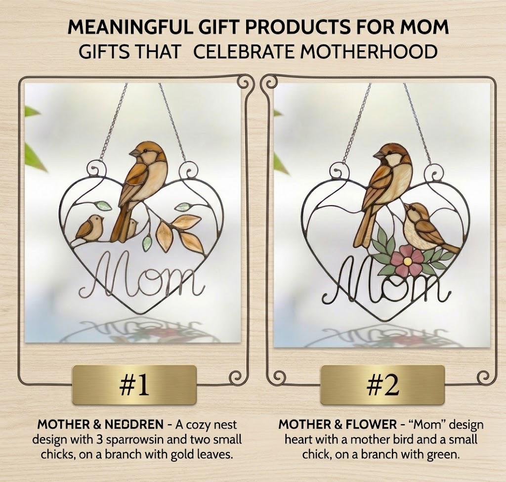 Stained glass cardinal mother and baby bird suncatcher in a heart frame with the word Mom, handmade window hanging gift.