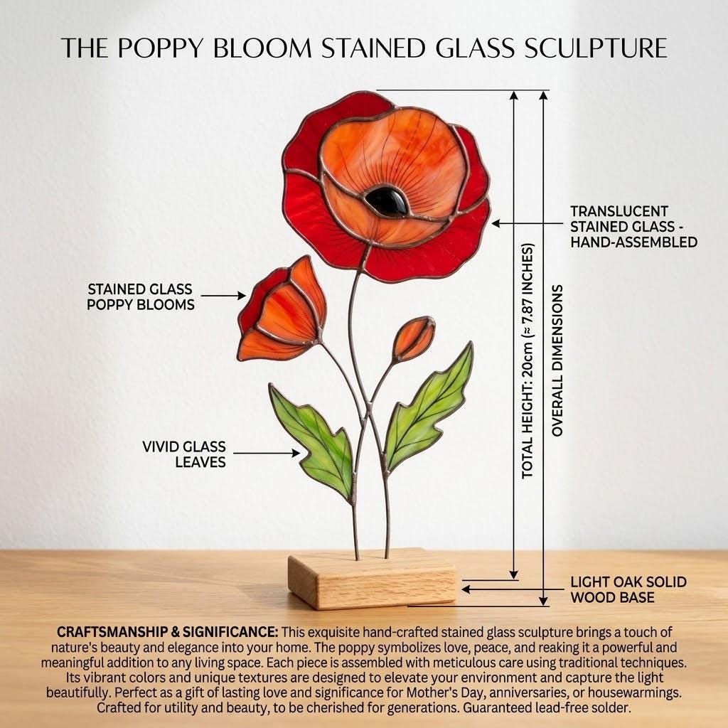 Elegant Tiffany style orange California poppy glass art placed on a modern bookshelf near a window, diffused sunlight creating beautiful rainbow reflections on the wall.