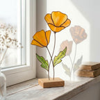 Stained Glass Poppy Flower on Oak Base, California Poppy Decor, Personalized Gift for Her, Botanical Glass Art, Anniversary Birthday Present