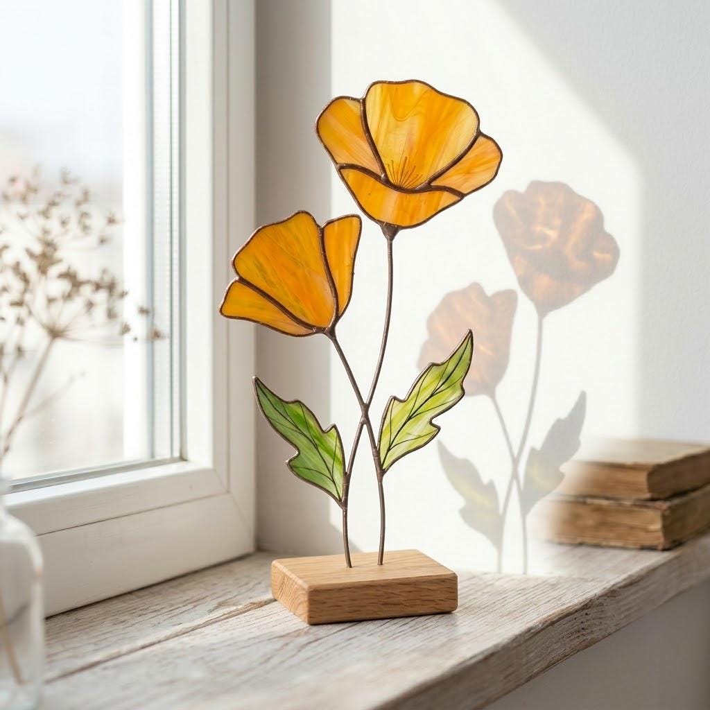 Stained Glass Poppy Flower on Oak Base, California Poppy Decor, Personalized Gift for Her, Botanical Glass Art, Anniversary Birthday Present