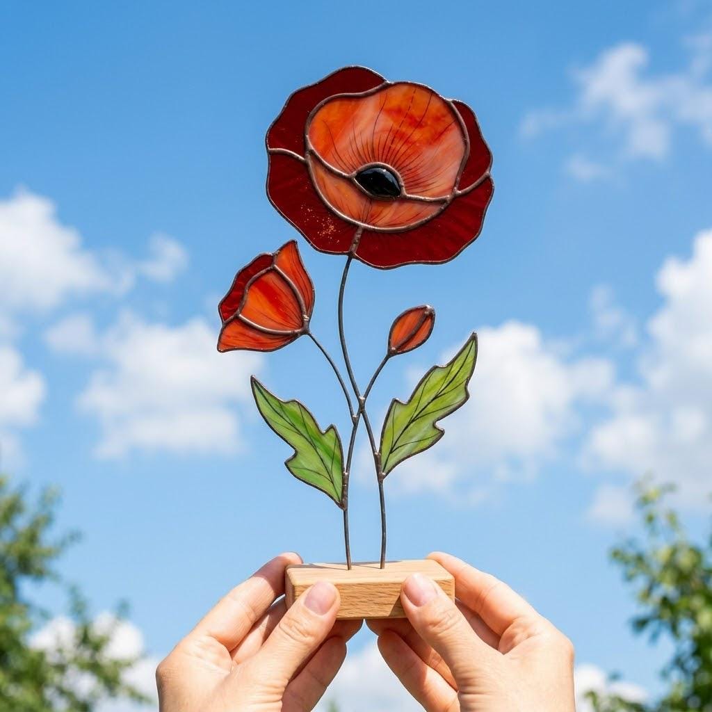 Stained Glass Poppy Flower on Oak Base, California Poppy Decor, Personalized Gift for Her, Botanical Glass Art, Anniversary Birthday Present