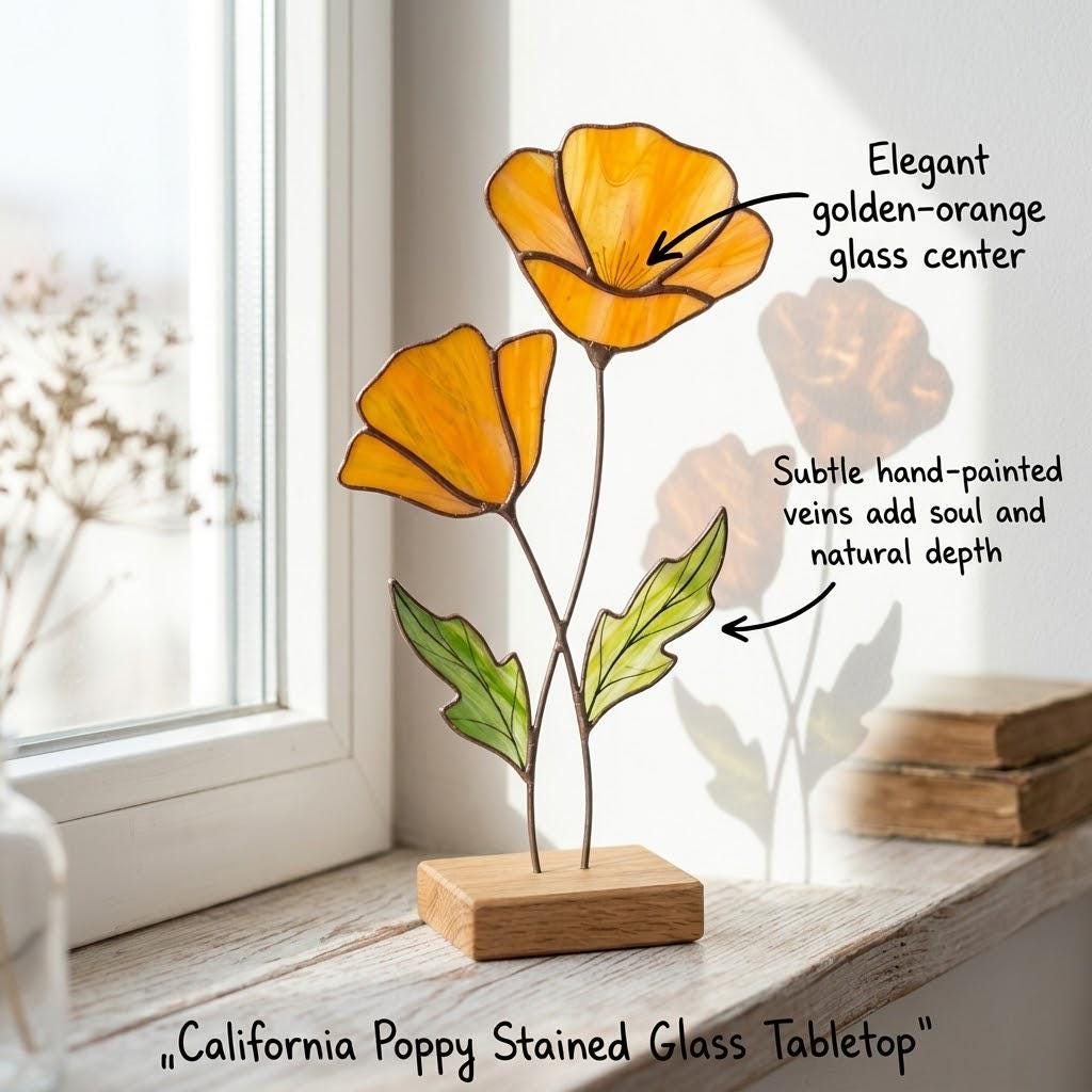 Stained Glass Poppy Flower on Oak Base, California Poppy Decor, Personalized Gift for Her, Botanical Glass Art, Anniversary Birthday Present