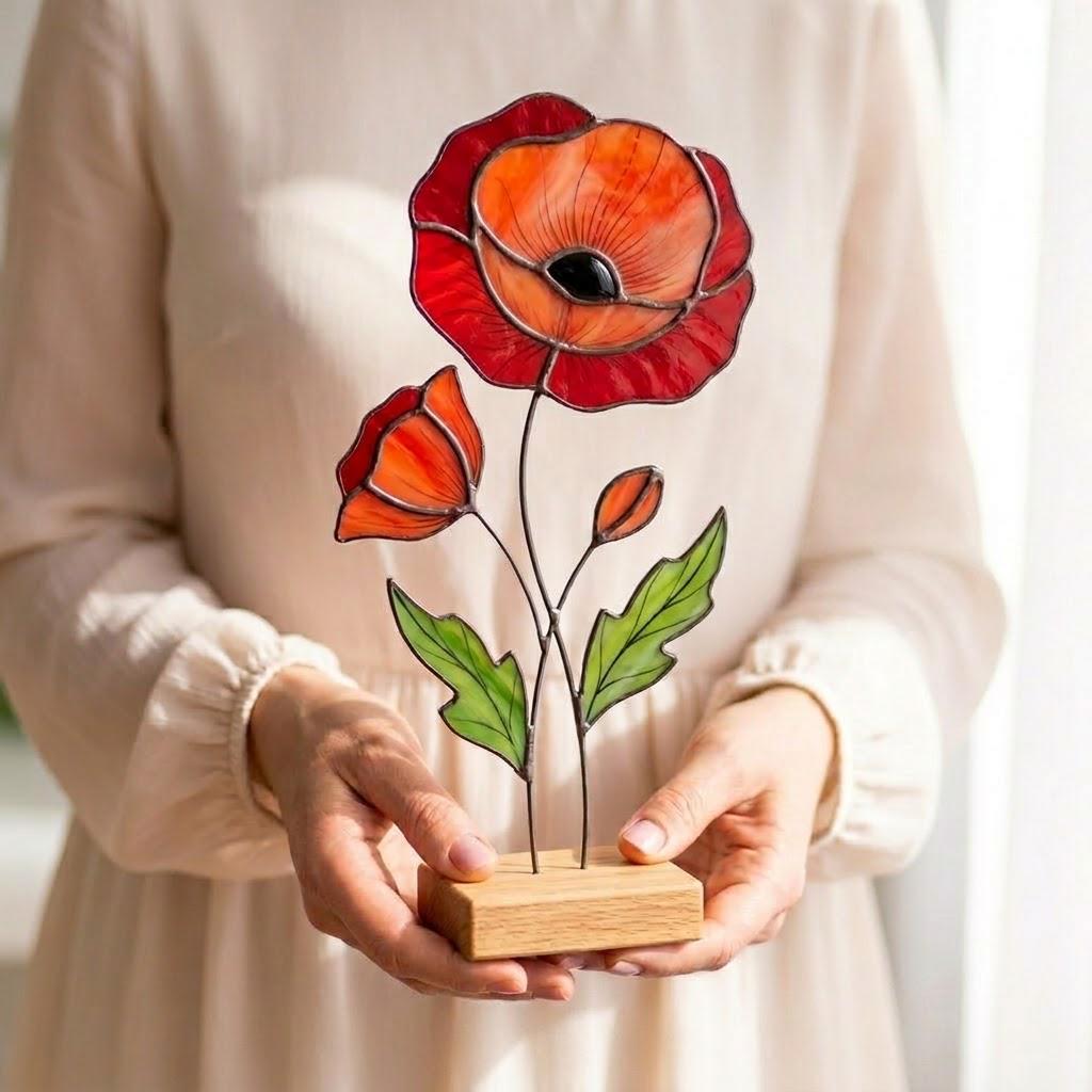 Stained Glass Poppy Flower on Oak Base, California Poppy Decor, Personalized Gift for Her, Botanical Glass Art, Anniversary Birthday Present