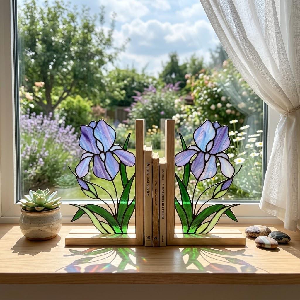 Stained Glass Iris Bookends Gift for Book Lover Mother's Day Gift for Mom Floral Bookshelf Decor Reading Nook Aesthetic