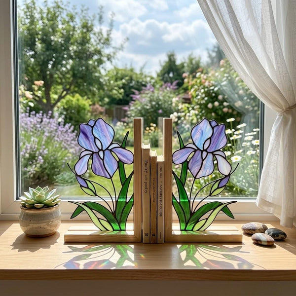 Stained Glass Iris Bookends Gift for Book Lover Mother's Day Gift for Mom Floral Bookshelf Decor Reading Nook Aesthetic