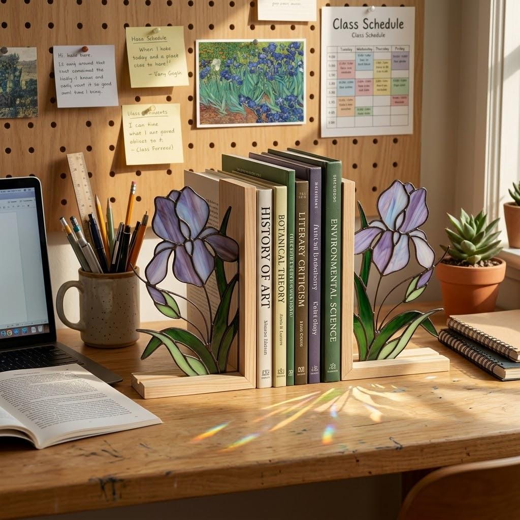 Stained Glass Iris Bookends Gift for Book Lover Mother's Day Gift for Mom Floral Bookshelf Decor Reading Nook Aesthetic
