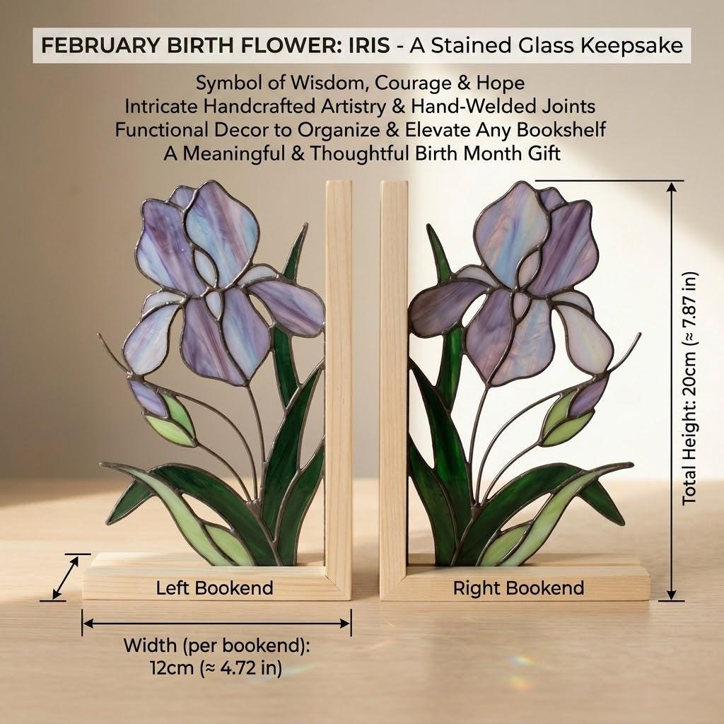 Stained Glass Iris Bookends Gift for Book Lover Mother's Day Gift for Mom Floral Bookshelf Decor Reading Nook Aesthetic