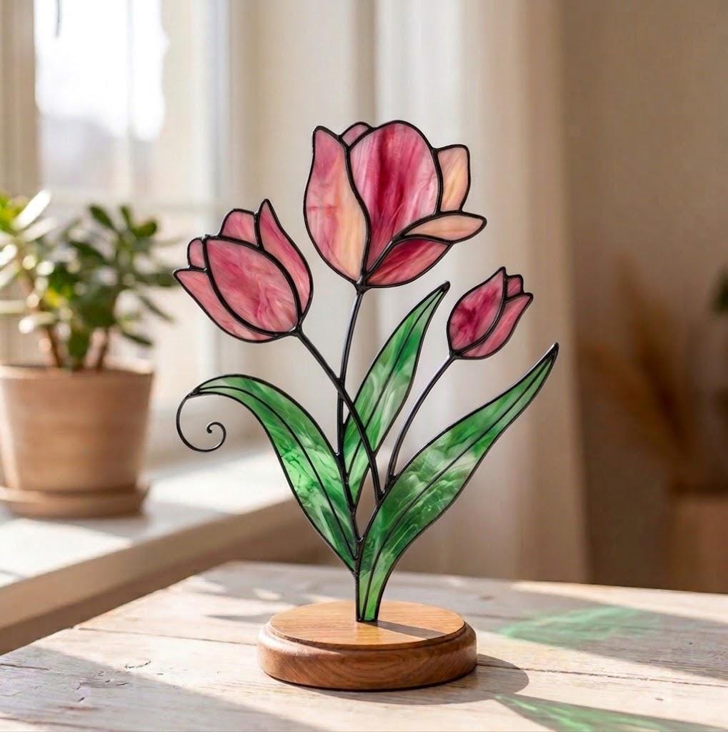 Stained Glass Tulip Flower Mother's Day Gift for Mom March Birth Month Gift Everlasting Desk Decor Anniversary Gift for Wife