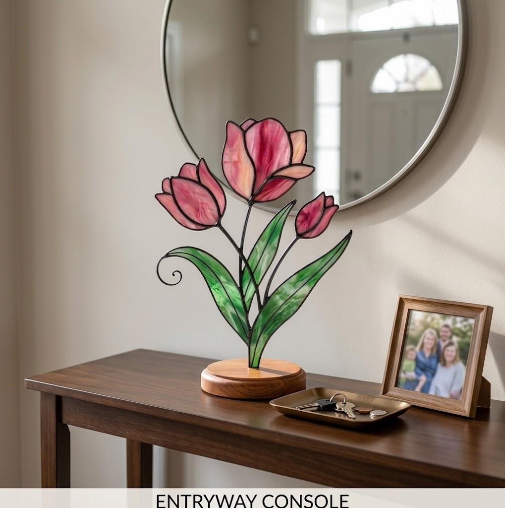 Stained Glass Tulip Flower Mother's Day Gift for Mom March Birth Month Gift Everlasting Desk Decor Anniversary Gift for Wife