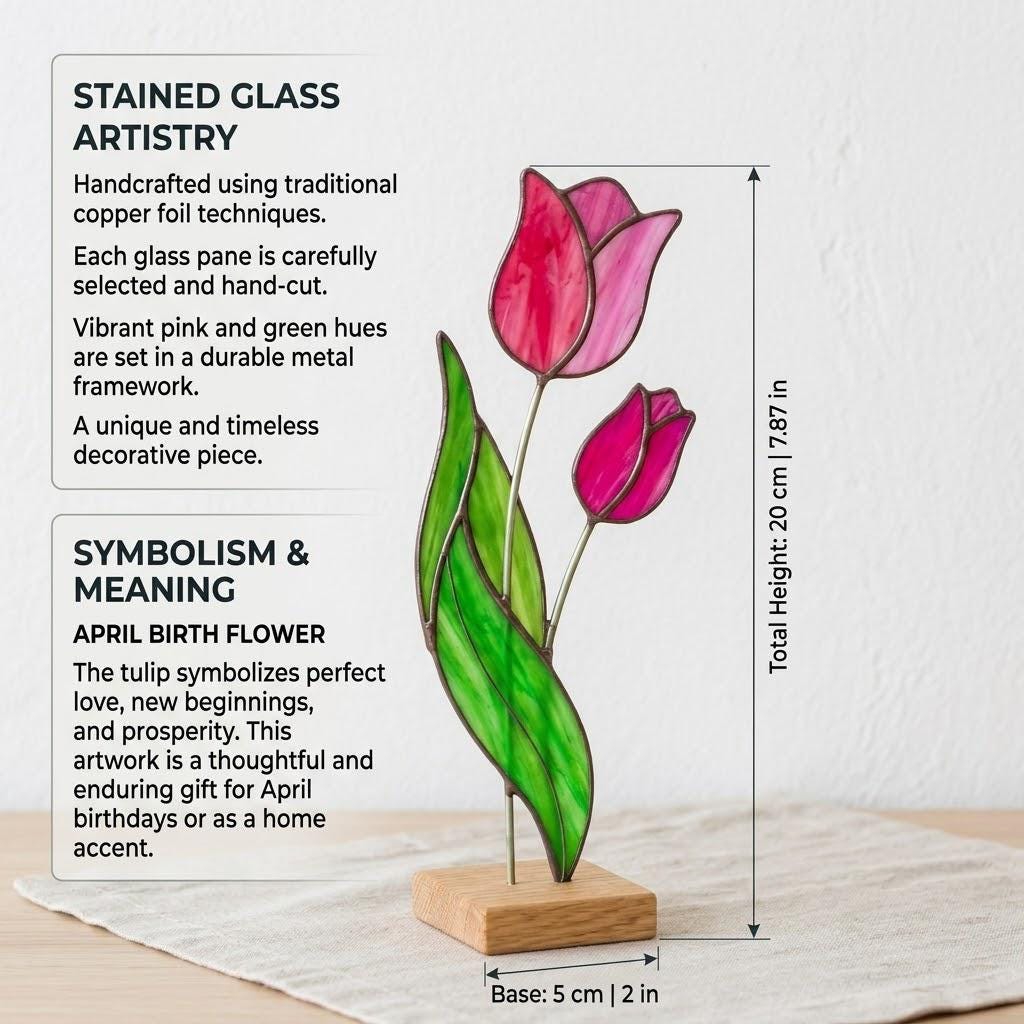 Stained Glass Tulip Flower on Stand Mother's Day Gift for Mom April Birth Flower Everlasting Floral Desk Decor Anniversary Gift