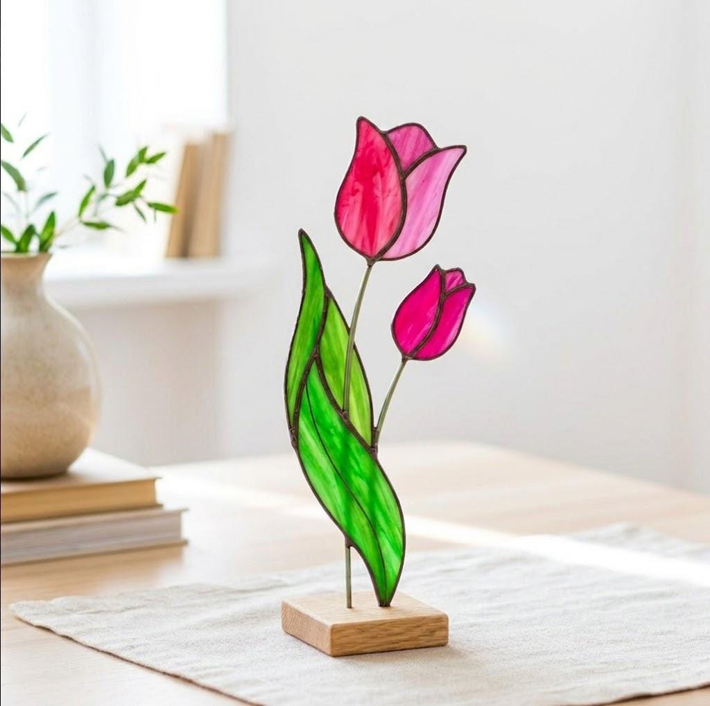Stained Glass Tulip Flower on Stand Mother's Day Gift for Mom April Birth Flower Everlasting Floral Desk Decor Anniversary Gift