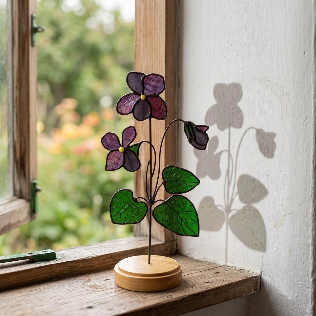 Violet Stained Glass Flower on Stand Mother's Day Gift for Mom February Birth Month Everlasting Floral Desk Decor Anniversary Gift