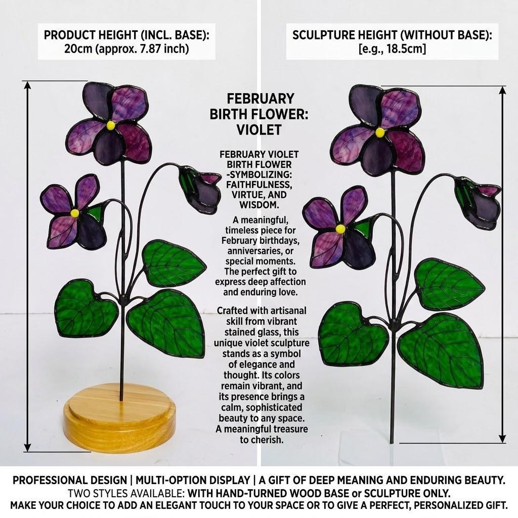 Violet Stained Glass Flower on Stand Mother's Day Gift for Mom February Birth Month Everlasting Floral Desk Decor Anniversary Gift