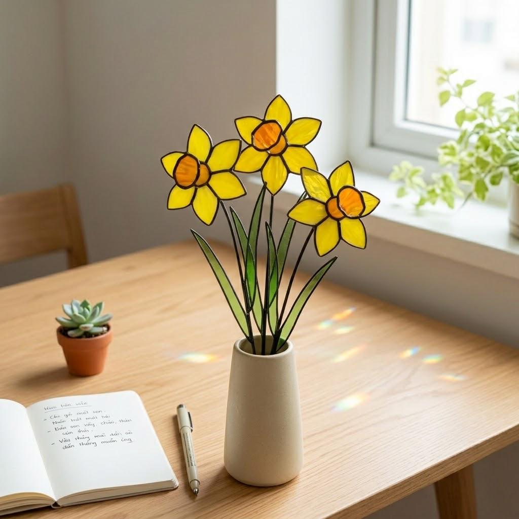 Stained Glass Daffodil Flower | Mother's Day Gift for Mom | March Birth Month | Everlasting Spring Window Decor | Birthday Gift Her