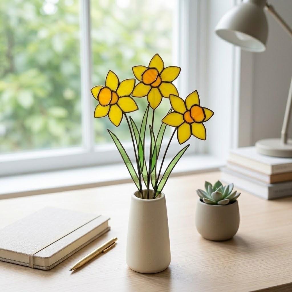 Stained Glass Daffodil Flower | Mother's Day Gift for Mom | March Birth Month | Everlasting Spring Window Decor | Birthday Gift Her