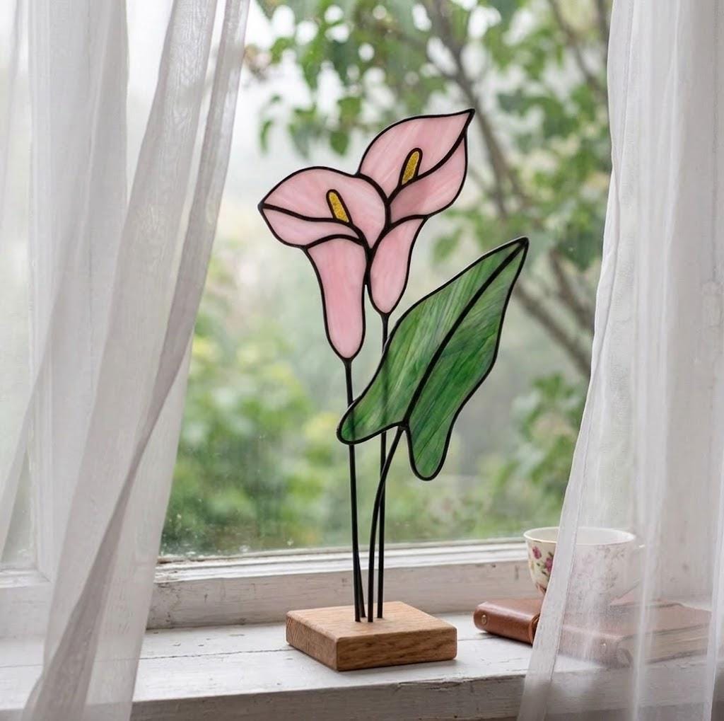 Calla Lily Stained Glass Flower 6th Anniversary Gift for Wife Mother's Day Gift Sympathy Gift Everlasting Pink Floral Decor