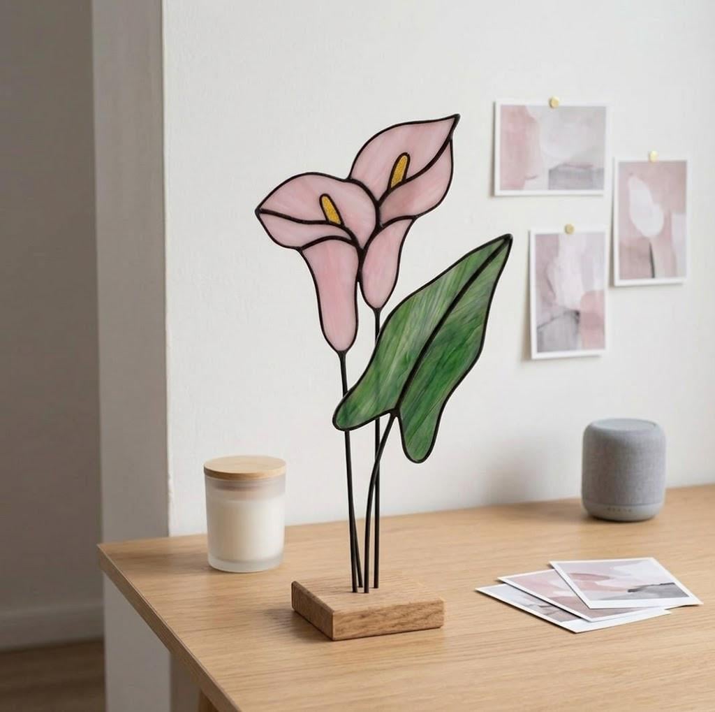 Calla Lily Stained Glass Flower 6th Anniversary Gift for Wife Mother's Day Gift Sympathy Gift Everlasting Pink Floral Decor
